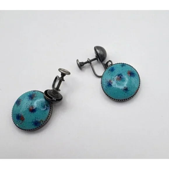 Faux Turquoise Polka Dot Enamel Earrings Silver Tone Clip On Retro Boho - Picture 5 of 6